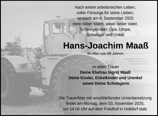 Traueranzeige von Hans-Joachim Maaß von Nordkurier Neubrandenburger Zeitung