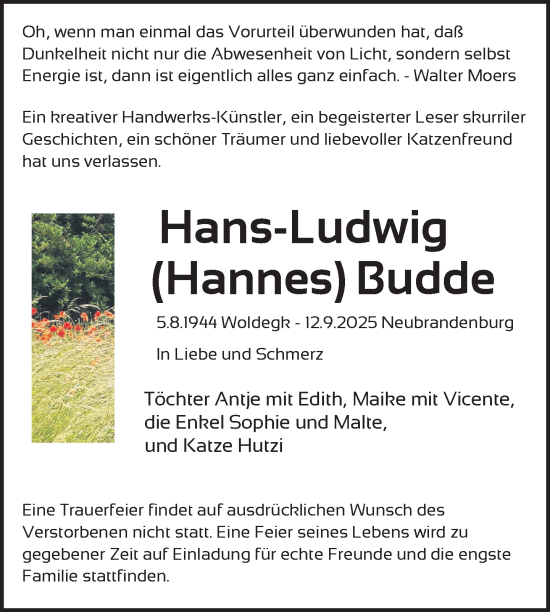 Traueranzeige von Hans-Ludwig Budde von Nordkurier Neubrandenburger Zeitung