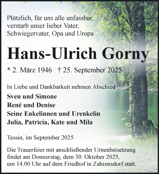 Traueranzeige von Hans-Ulrich Gorny von Hagenower Kreisblatt