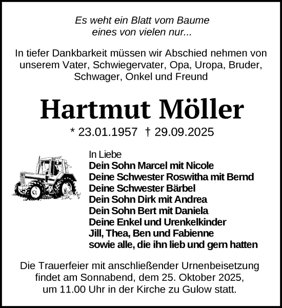 Traueranzeige von Hartmut Möller von Der Prignitzer, Prignitz Express
