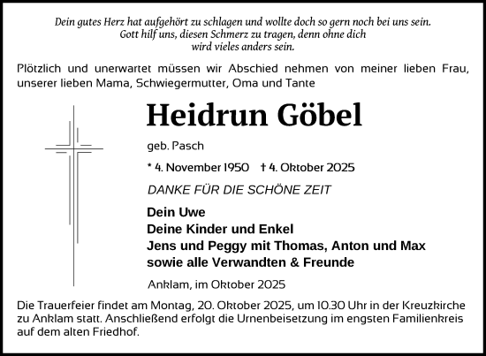 Traueranzeige von Heidrun Göbel von Nordkurier Vorpommern Kurier