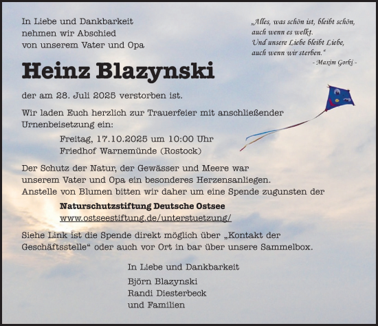 Traueranzeige von Heinz Blazynski von Norddeutsche Neueste Nachrichten