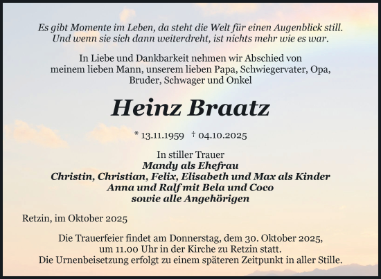 Traueranzeige von Heinz Braatz von Nordkurier Pasewalker Zeitung