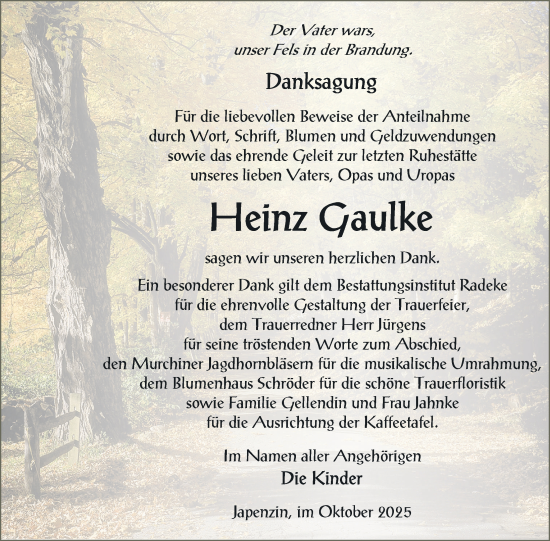 Traueranzeige von Heinz Gaulke von Nordkurier Vorpommern Kurier