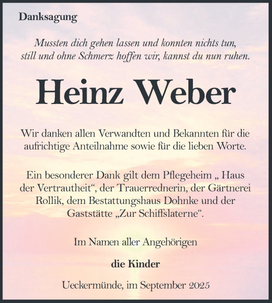 Traueranzeige von Heinz Weber von Nordkurier Haff-Zeitung
