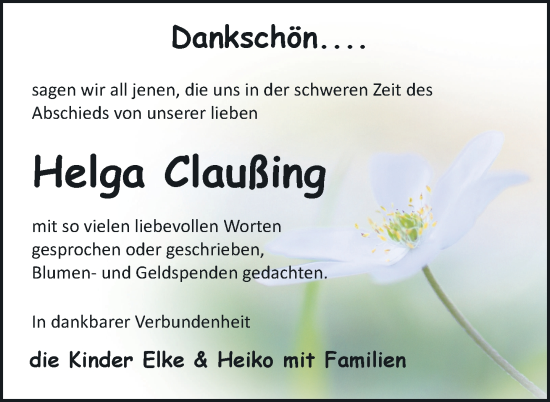Traueranzeige von Helga Claußing von Nordkurier Neubrandenburger Zeitung