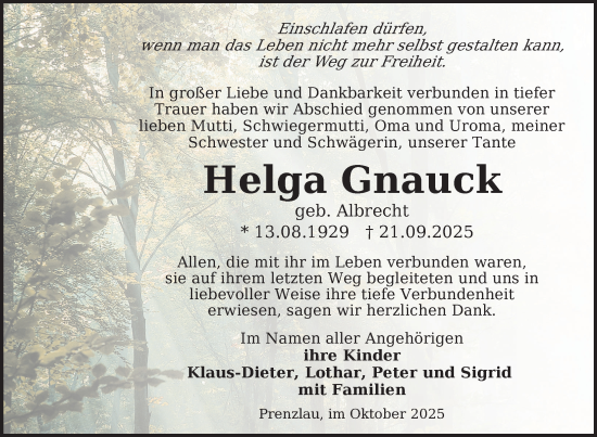 Traueranzeige von Helga Gnauck von Uckermark Kurier Prenzlauer Zeitung