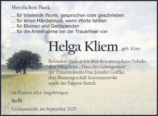 Traueranzeige von Helga Kliem von Nordkurier Haff-Zeitung