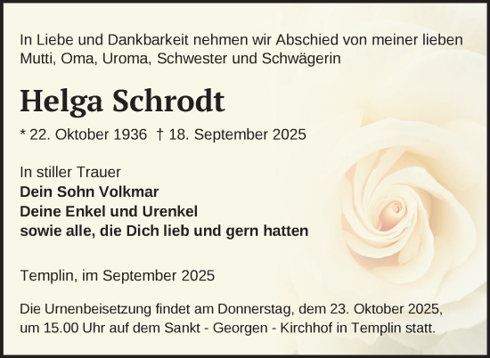Traueranzeige von Helga Schrodt von Uckermark Kurier Templiner Zeitung