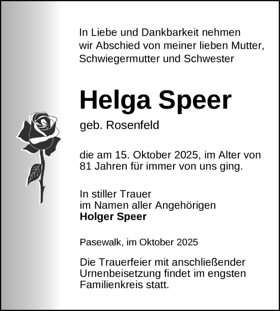 Traueranzeige von Helga Speer von Nordkurier Pasewalker Zeitung