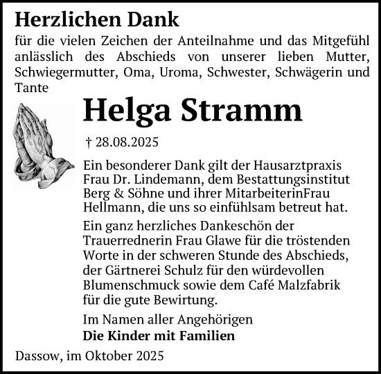 Traueranzeige von Helga Stramm von Anzeiger für Sternberg - Brüel - Warin