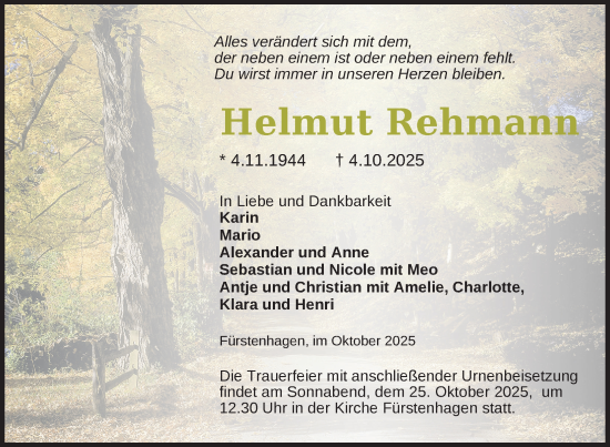 Traueranzeige von Helmut Rehmann von Nordkurier Strelitzer Zeitung