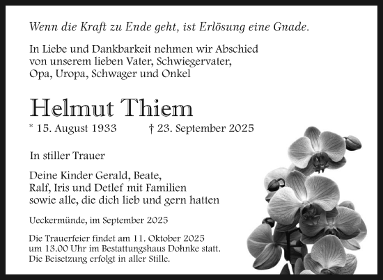Traueranzeige von Helmut Thiem von Nordkurier Haff-Zeitung