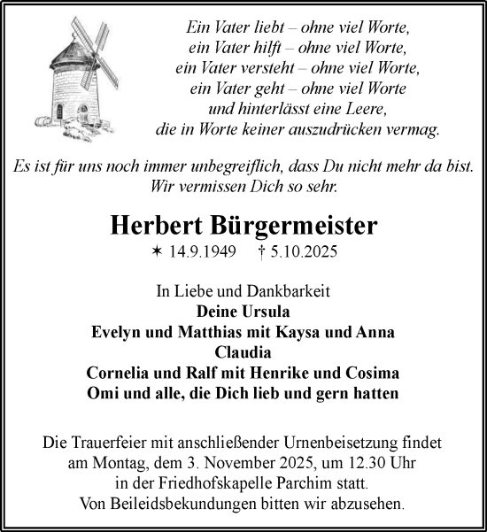 Traueranzeige von Herbert Bürgermeister von Parchim und Lübz