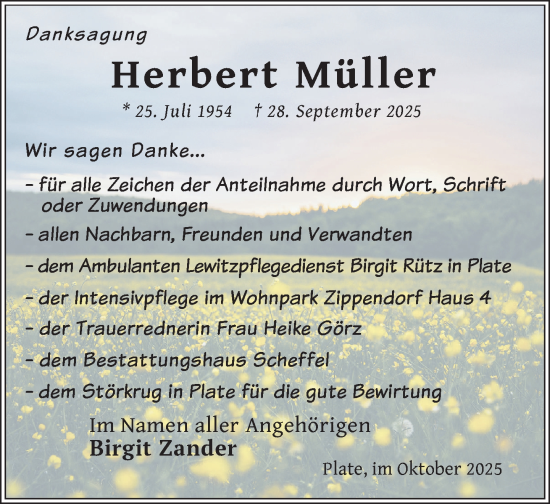 Traueranzeige von Herbert Müller von Zeitung für die Landeshauptstadt