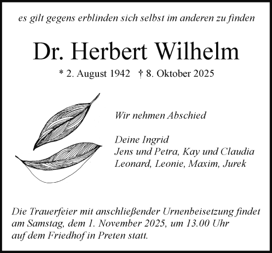 Traueranzeige von Herbert Wilhelm von Hagenower Kreisblatt