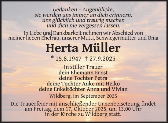 Traueranzeige von Herta Müller von Nordkurier Neubrandenburger Zeitung