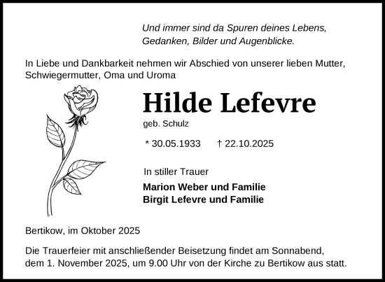 Traueranzeige von Hilde Lefevre von Uckermark Kurier Prenzlauer Zeitung