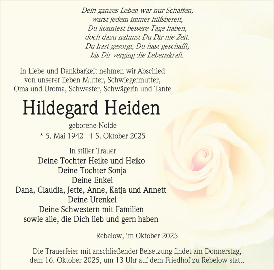 Traueranzeige von Hildegard Heiden von Nordkurier Vorpommern Kurier
