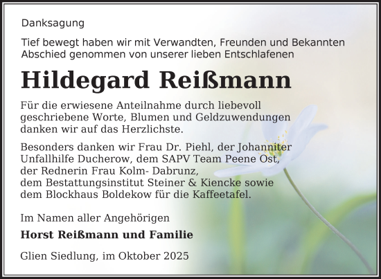 Traueranzeige von Hildegard Reißmann von Nordkurier Vorpommern Kurier