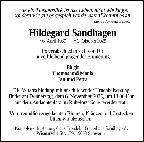 Traueranzeige von Hildegard Sandhagen von Zeitung für die Landeshauptstadt