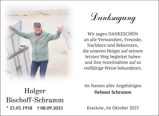 Traueranzeige von Holger Bischoff-Schramm von Nordkurier Pasewalker Zeitung