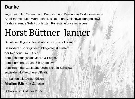Traueranzeige von Horst Büttner-Janner von Uckermark Kurier Prenzlauer Zeitung