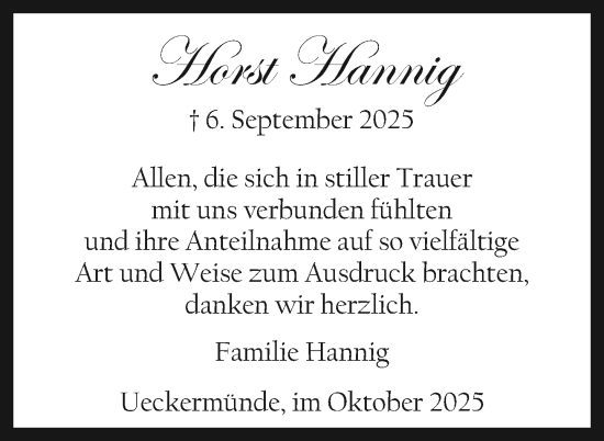 Traueranzeige von Horst Hannig von Nordkurier Haff-Zeitung