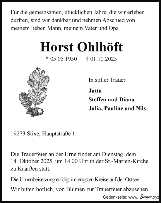 Traueranzeige von Horst Ohlhöft von SVZ / NNN / PRI Gesamt