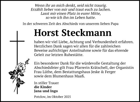 Traueranzeige von Horst Steckmann von Uckermark Kurier Prenzlauer Zeitung