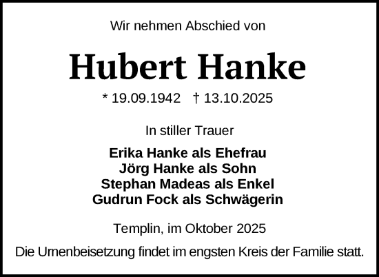 Traueranzeige von Hubert Hanke von Uckermark Kurier Templiner Zeitung
