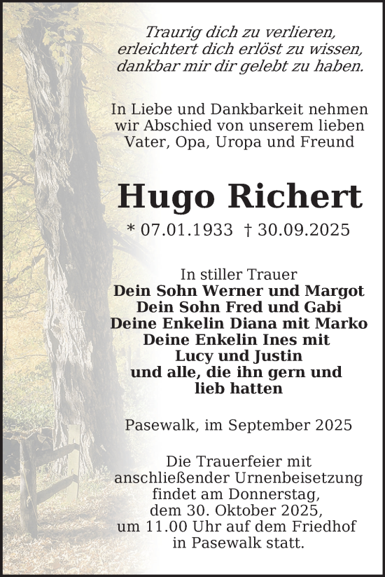 Traueranzeige von Hugo Richert von Nordkurier Pasewalker Zeitung