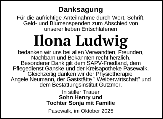 Traueranzeige von Ilona Ludwig von Nordkurier Pasewalker Zeitung