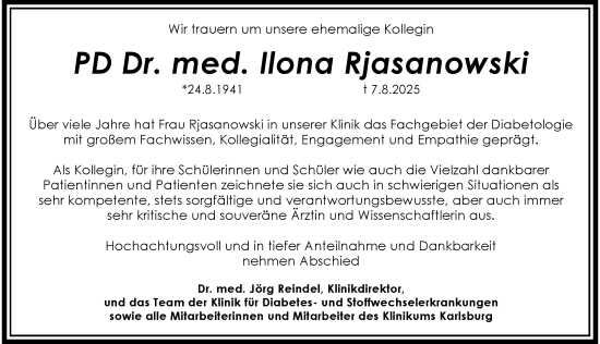 Traueranzeige von Ilona Rjasanowski von Nordkurier Vorpommern Kurier
