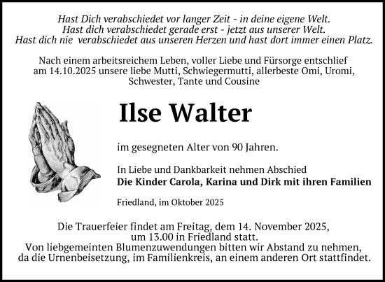 Traueranzeige von Ilse Walter von Nordkurier Neubrandenburger Zeitung