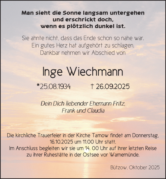 Traueranzeige von Inge Wiechmann von Güstrow und Bützow