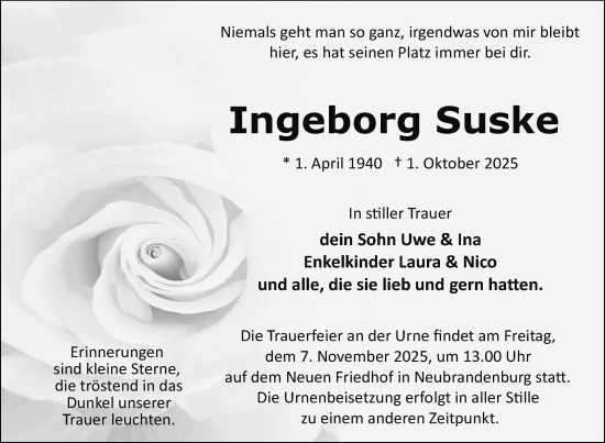 Traueranzeige von Ingeborg Suske von Nordkurier Neubrandenburger Zeitung