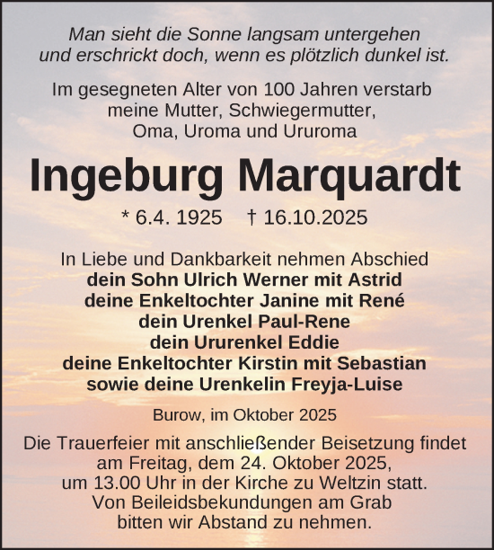 Traueranzeige von Ingeburg Marquardt von Nordkurier Neubrandenburger Zeitung