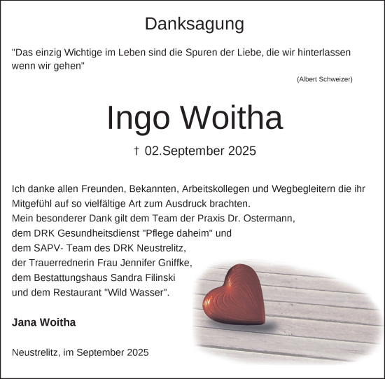Traueranzeige von Ingo Woitha von Nordkurier Neubrandenburger Zeitung