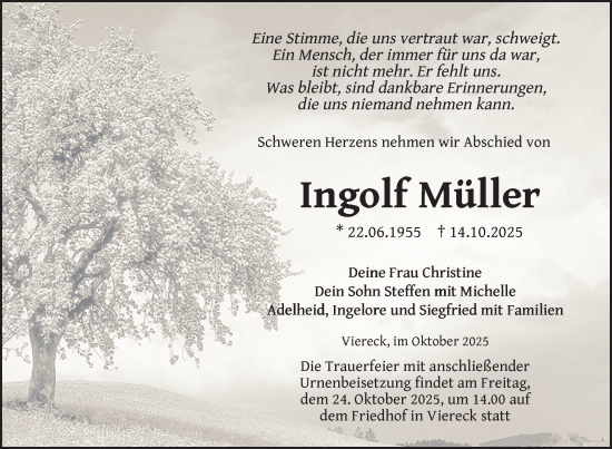 Traueranzeige von Ingolf Müller von Nordkurier Pasewalker Zeitung