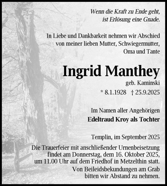 Traueranzeige von Ingrid Manthey von Uckermark Kurier Templiner Zeitung