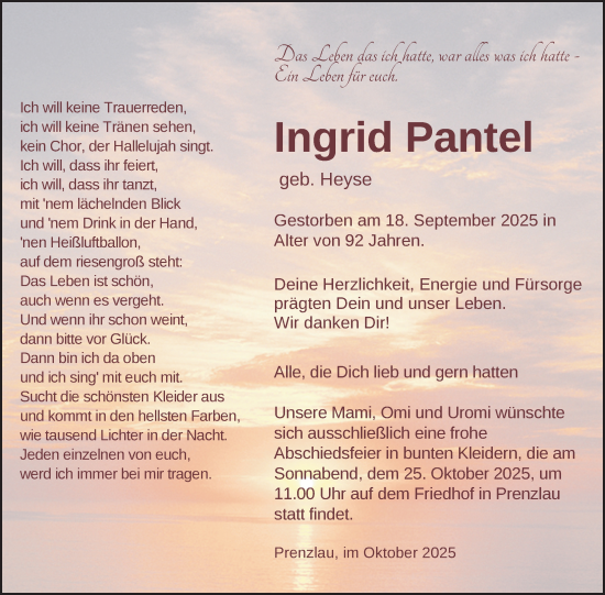 Traueranzeige von Ingrid Pantel von Uckermark Kurier Prenzlauer Zeitung