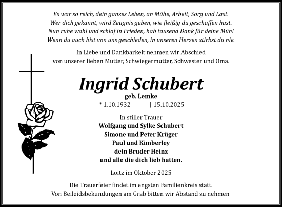 Traueranzeige von Ingrid Schubert von Nordkurier Vorpommern Kurier