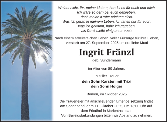 Traueranzeige von Ingrit Fränzl von Nordkurier Pasewalker Zeitung