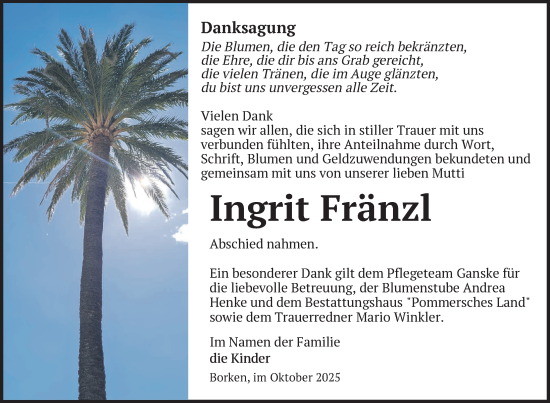 Traueranzeige von Ingrit Fränzl von Nordkurier Pasewalker Zeitung
