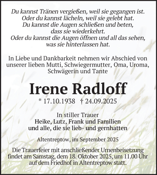 Traueranzeige von Irene Radloff von Nordkurier Neubrandenburger Zeitung