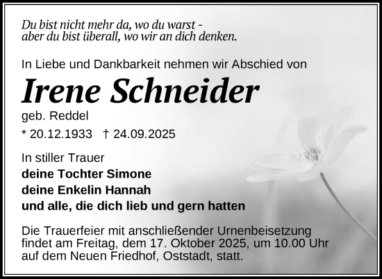 Traueranzeige von Irene Schneider von Nordkurier Neubrandenburger Zeitung