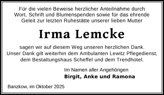 Traueranzeige von Irma Lemcke von Zeitung für die Landeshauptstadt