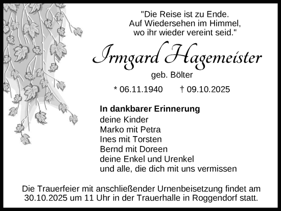 Traueranzeige von Irmgard Hagemeister von Gadebusch - Rehnaer Zeitung