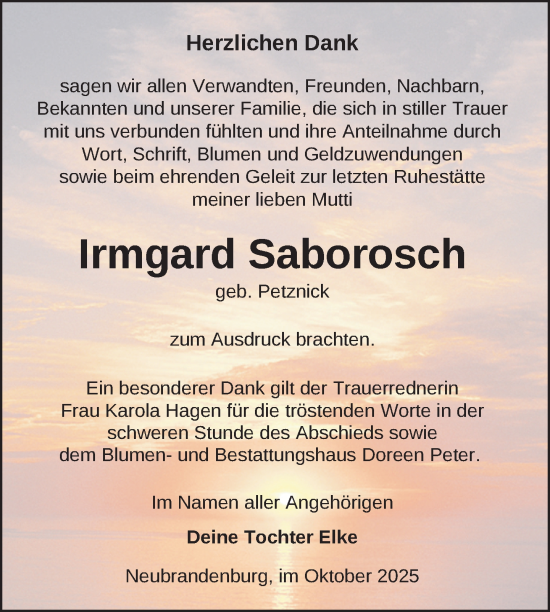 Traueranzeige von Irmgard Saborosch von Nordkurier Neubrandenburger Zeitung